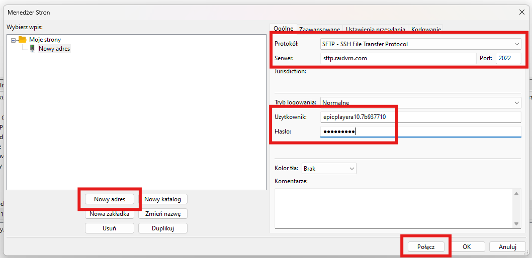 Konfiguracja FileZilla