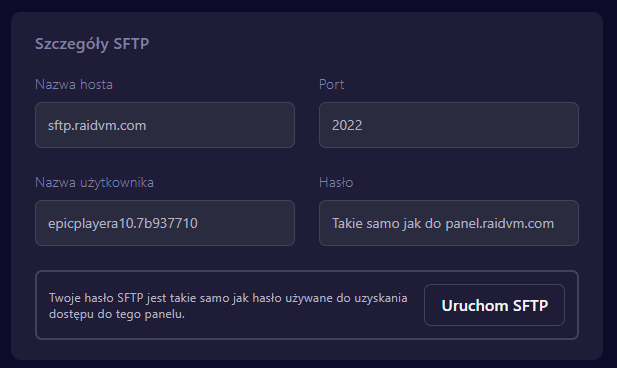 Dane SFTP w panelu